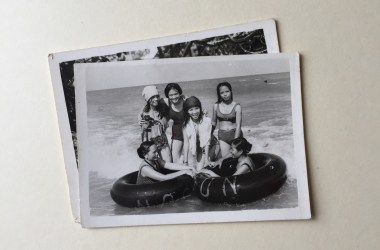 The author's mother, crouching in the center, with women she befriended at the Songkhla refugee camp.