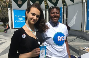 Jamie Margolin (left) with Vic Barrett, a fellow plaintiff suing the government over climate change, outside the Global Climate Action Summit in San Francisco this week.