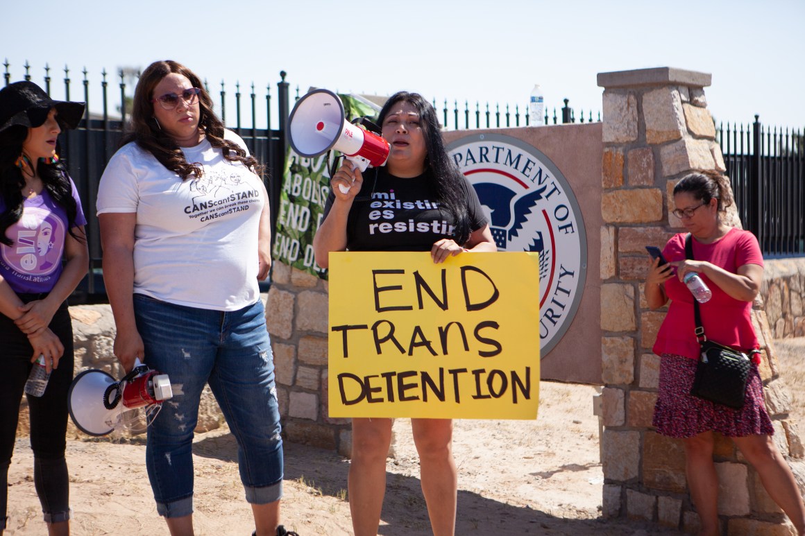 Jennicet Gutiérrez, a prominent trans undocumented activist and founding member of Familia: TQLM, gives a speech in front of the El Paso Processing Center.