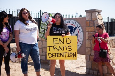 Jennicet Gutiérrez, a prominent trans undocumented activist and founding member of Familia: TQLM, gives a speech in front of the El Paso Processing Center.