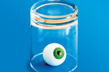 An illustration of an eyeball inside an upturned glass.