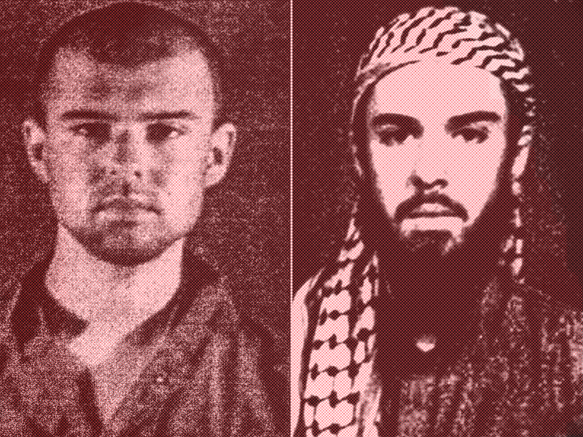 (Left) A police file photo made available February 6th, 2002, of the "American Taliban" John Walker Lindh. (Right) A February 11th, 2002, photograph of Lindh as seen from the records of the Arabia Hassani Kalan Surani Bannu madrassa (religious school) in Pakistan's northwestern city of Bannu.