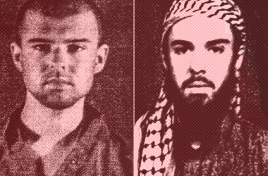 (Left) A police file photo made available February 6th, 2002, of the "American Taliban" John Walker Lindh. (Right) A February 11th, 2002, photograph of Lindh as seen from the records of the Arabia Hassani Kalan Surani Bannu madrassa (religious school) in Pakistan's northwestern city of Bannu.