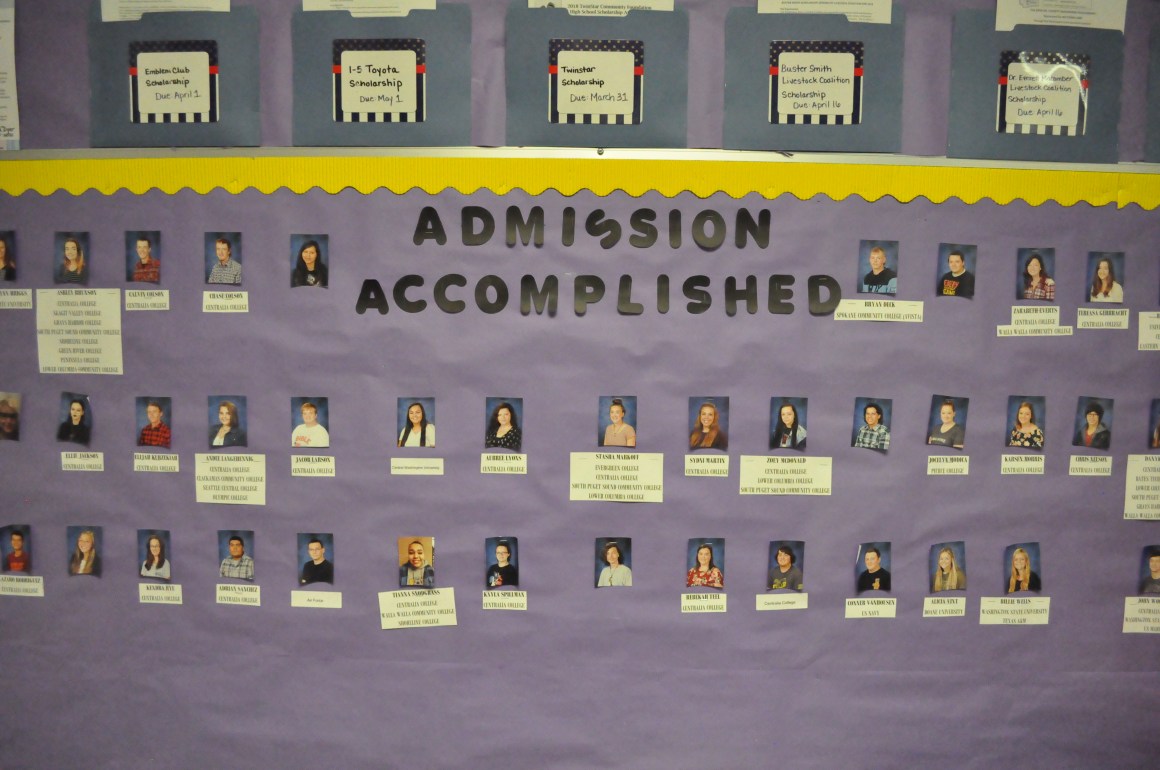 Photos of the class of 2018 are shown on May 15th, 2018, on the Onalaska High School front office wall in Onalaska, Washington. Beneath each student's name, the district prints the names of the colleges to which each student has been accepted.