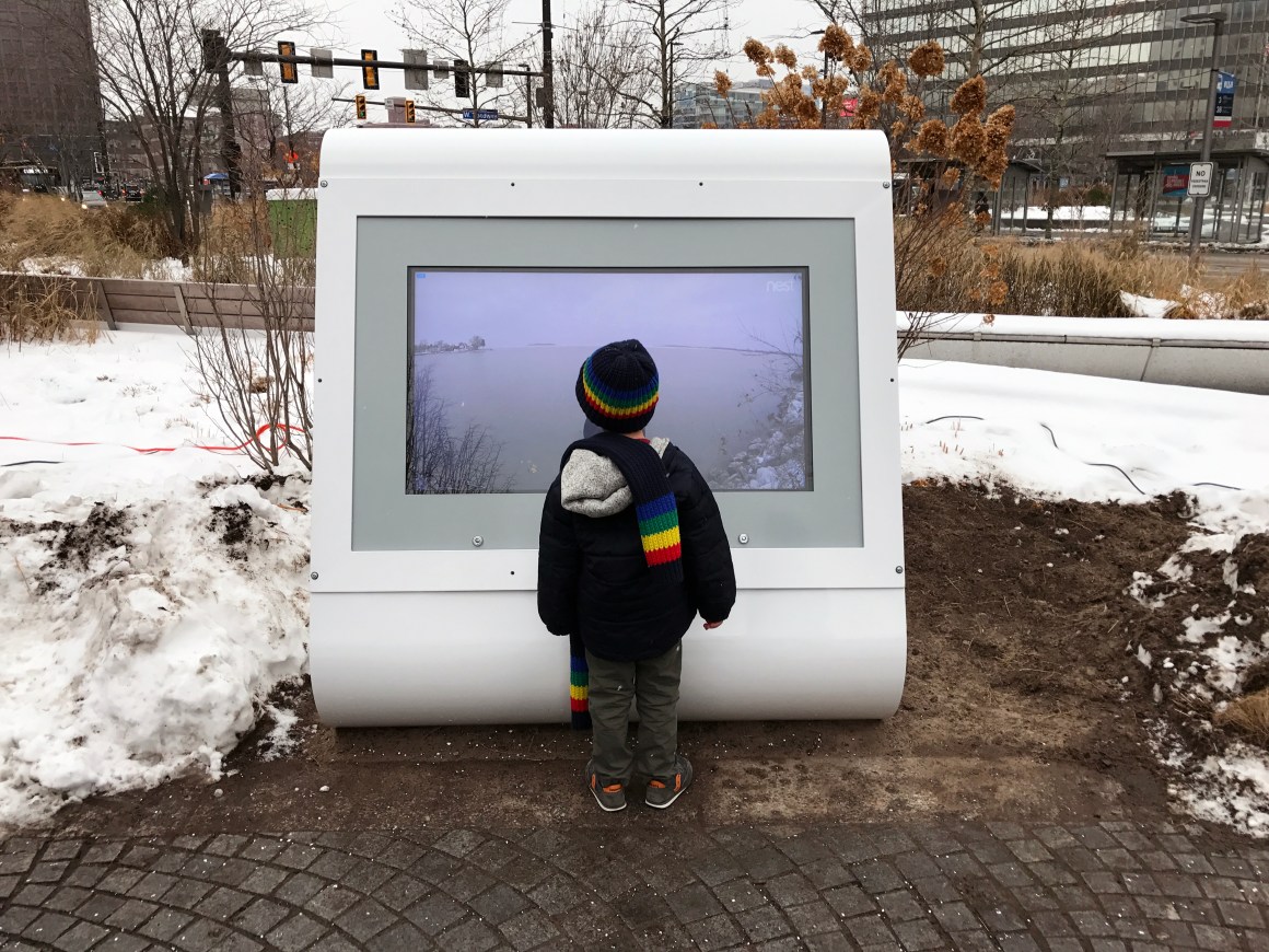 The video kiosk in Cleveland's Public Square was part of Julia Christensen's project "Waiting for a Break."