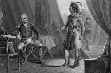 Chief William Weatherford surrenders to Andrew Jackson following the Battle of Horseshoe Bend.