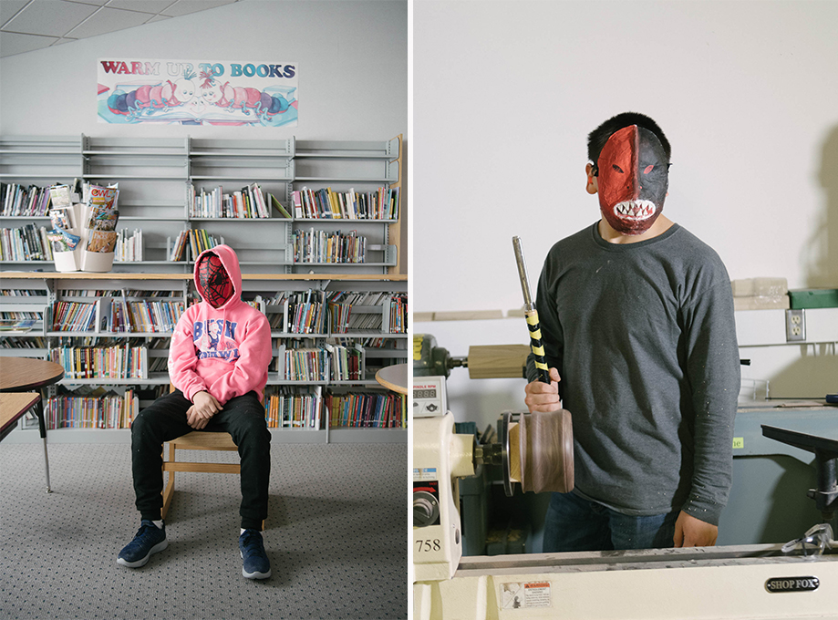 Gambell is not exempt from the reach of popular culture, as seen by AB's joy mask (left). For AB, the likeness represents something he'd like to be, though he admits he doesn't know how; BK (right) wears a fierce mask that is his interpretation of hope and strength. Holding a chisel in his school's shop class, he hopes that occupational training will help him to land a good job when he graduates.