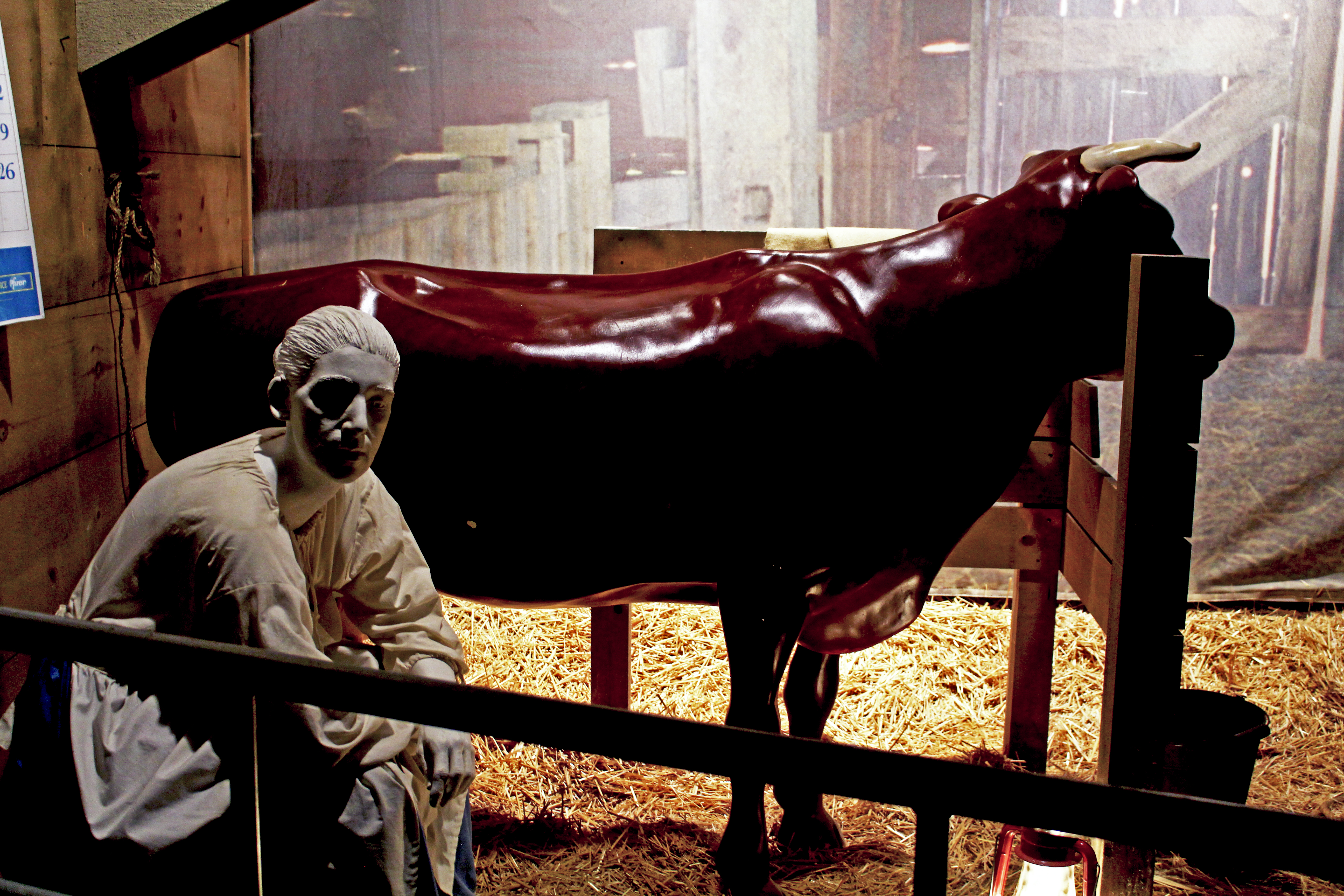 An exhibit at the milk museum teaches tourists about the history of dairy farming.