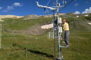 Mountain researcher Chris Landry, former director of the Colorado Center for Snow and Avalanche Studies, checks climate measuring instruments at a research station at 11,000 feet elevation in the San Juan Mountains of Colorado.