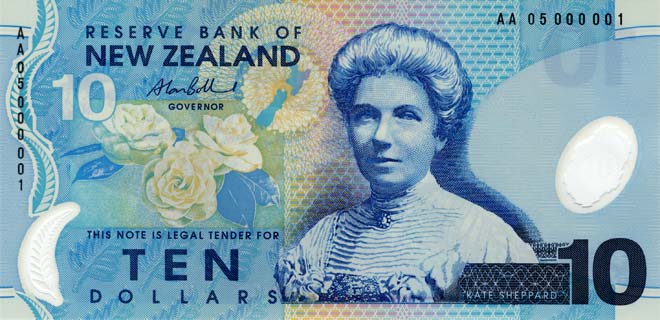 New Zealand's  note, featuring Kate Sheppard.