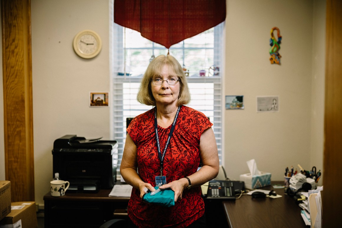 Newark, Ohio, September 5th, 2018: Nurse Mary Beth Hagstad holds a naloxone kit in her office at the Licking County Health Department.