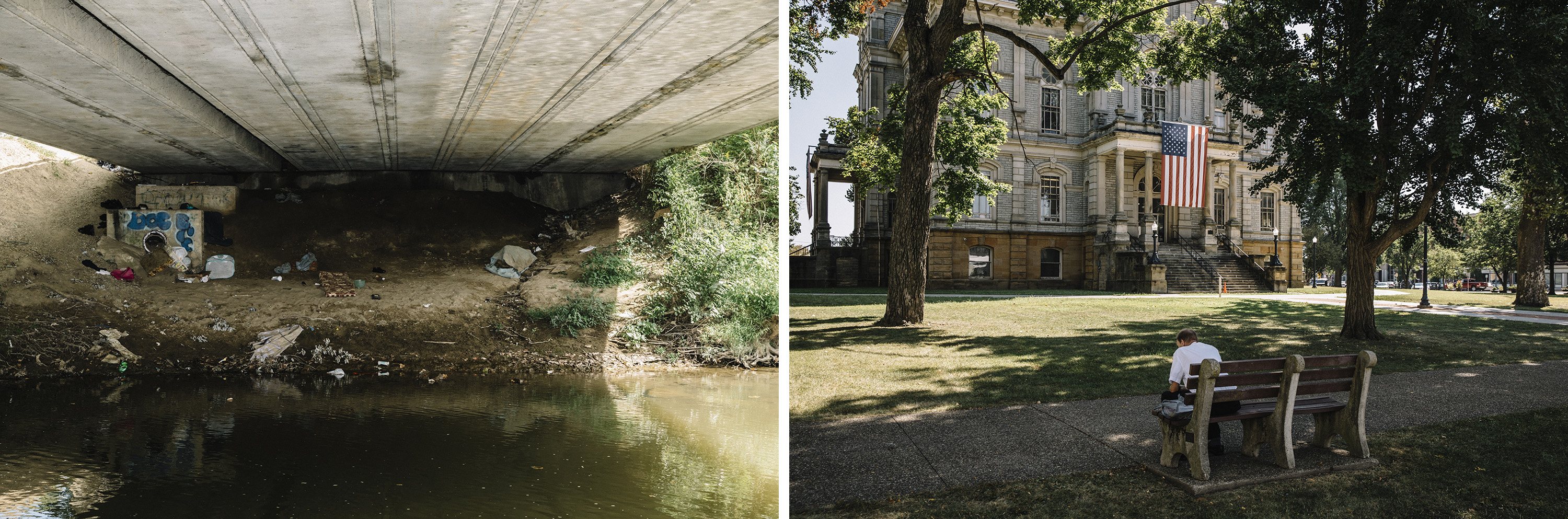 Left: Licking County, Ohio, September 5th, 2018: A homeless encampment under a bridge across Raccoon Creek, the location where Johnathon Chaney slept during a period of homelessness. | Right: Newark, Ohio, September 5th, 2018: The Licking County Courthouse.