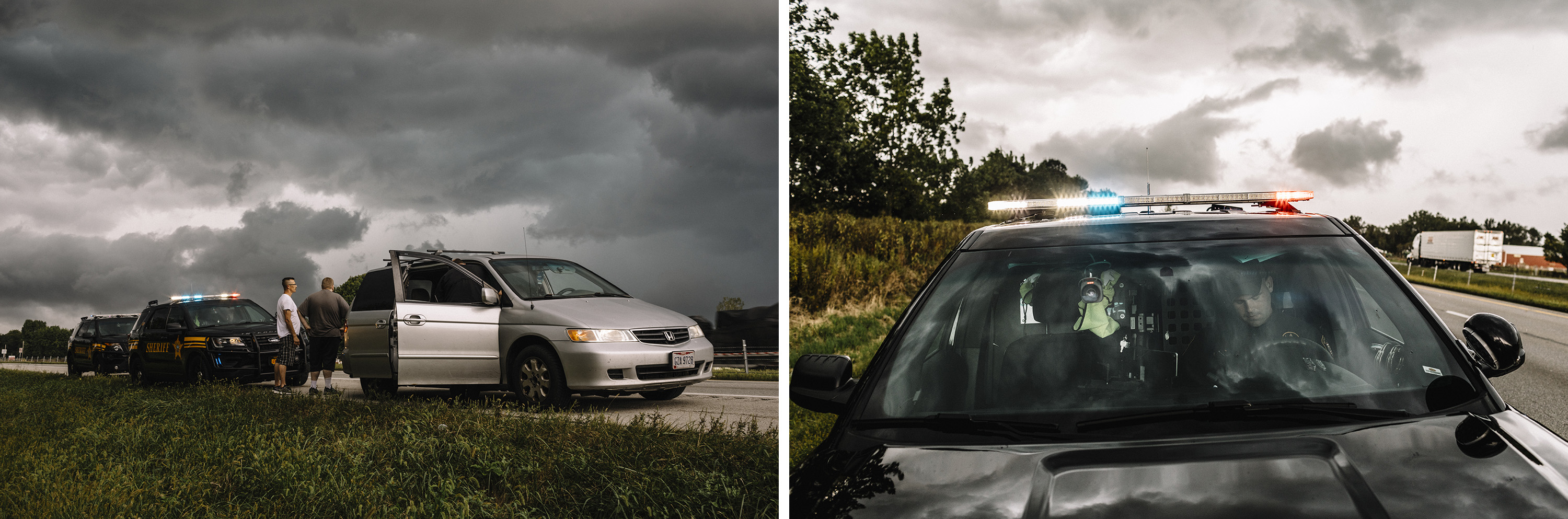 Left: Licking County, Ohio, September 6th, 2018: A motorist and his passenger stand outside their vehicle as Licking County sheriffs search for contraband on the shoulder of Interstate 70. | Right: Licking County, Ohio, September 6th, 2018: Detective Tanner Vogelmeier sits inside his patrol car on the edge of Interstate 70. Vogelmeier is an interdiction specialist working to intercept drugs coming into Licking County.