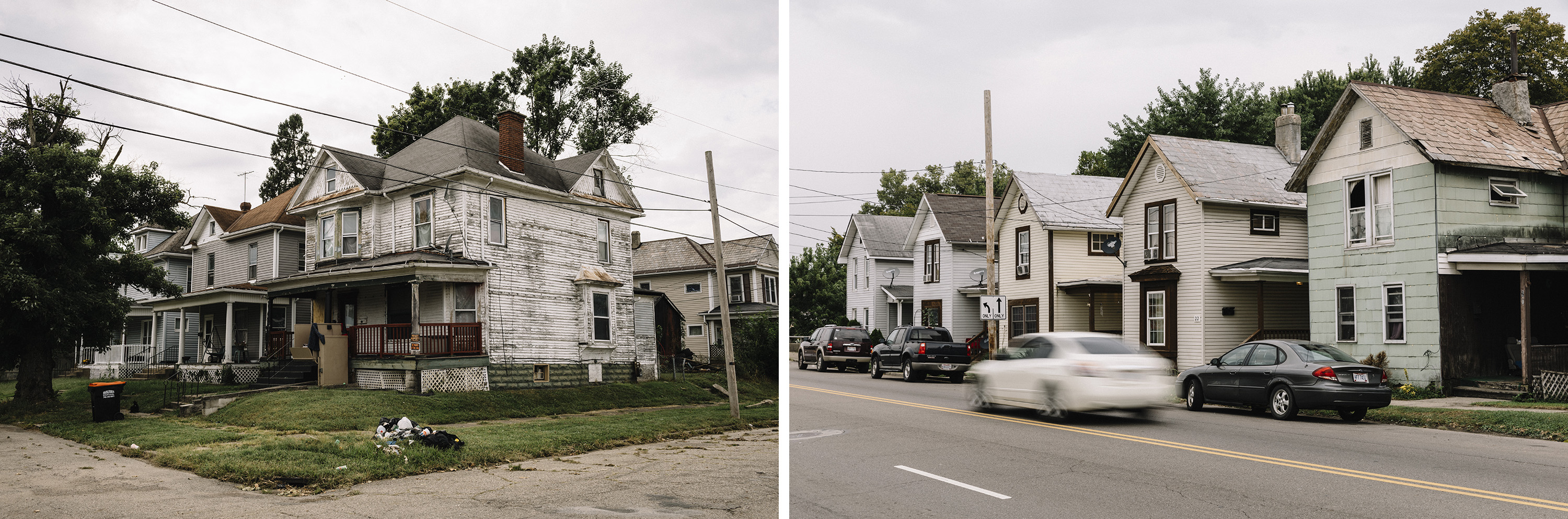 Right: Licking County, Ohio, September 7th, 2018: Houses on 11th Street in downtown Newark.