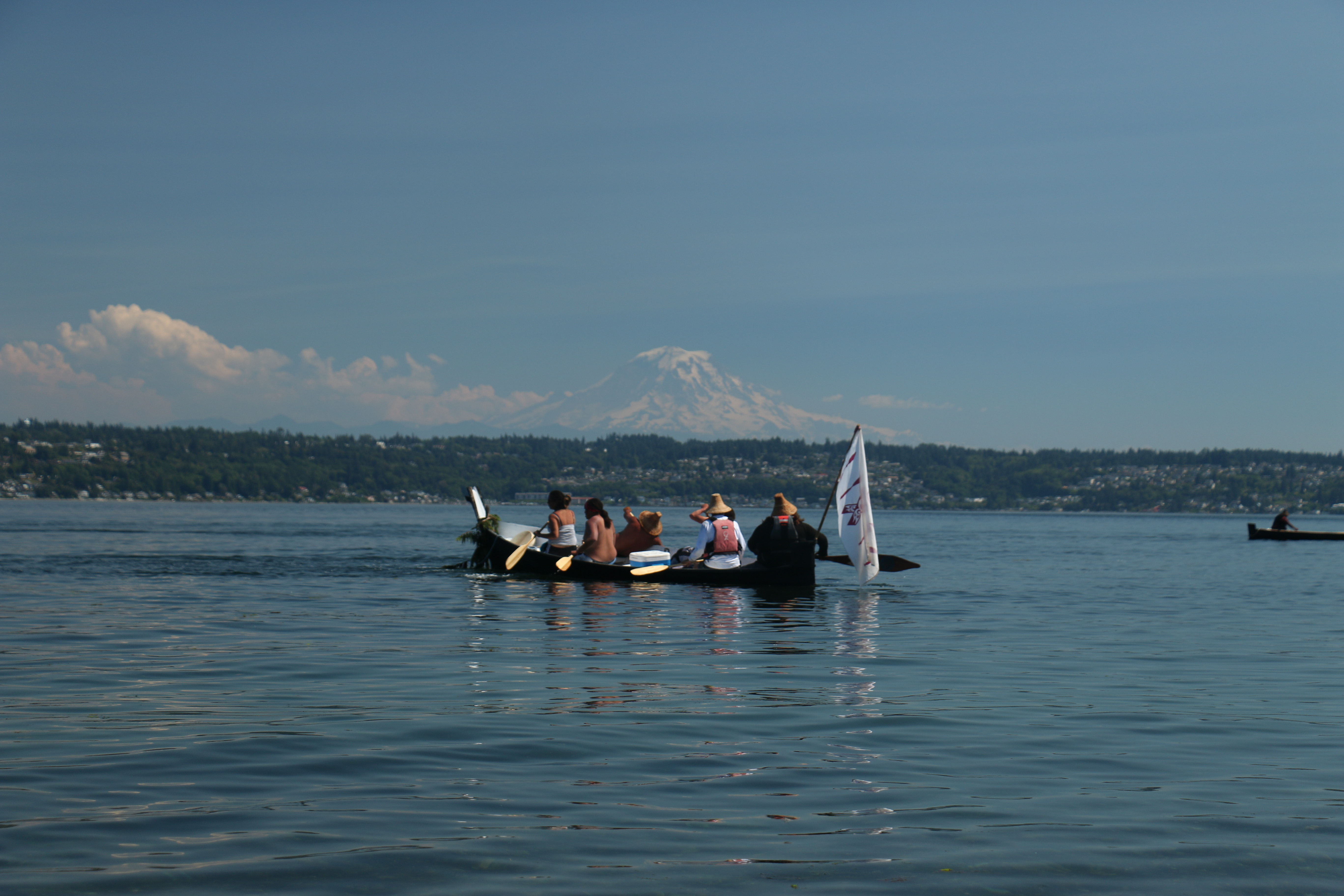 Paddling with Mt. Rainier in the background.