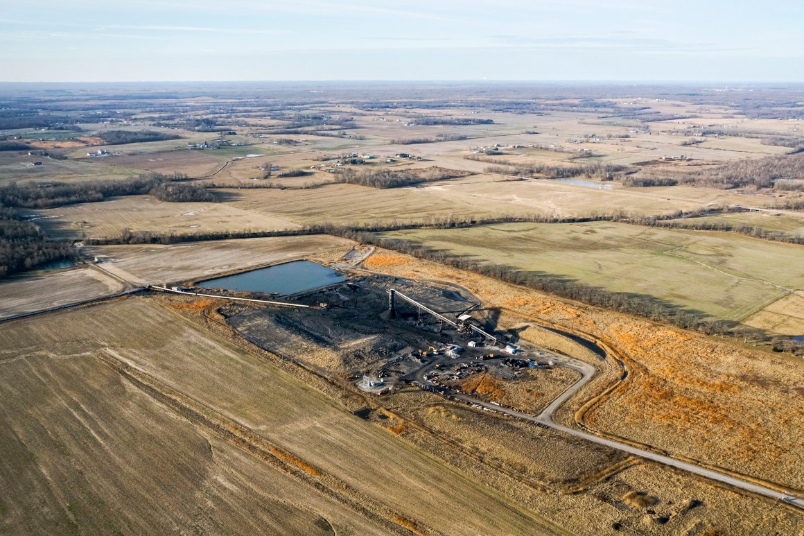 Flying over the impoundment structure at Rocky Branch coal mine in Saline County, Illinois.