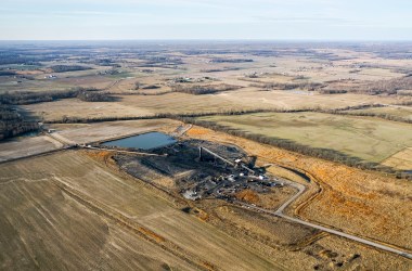 Flying over the impoundment structure at Rocky Branch coal mine in Saline County, Illinois.