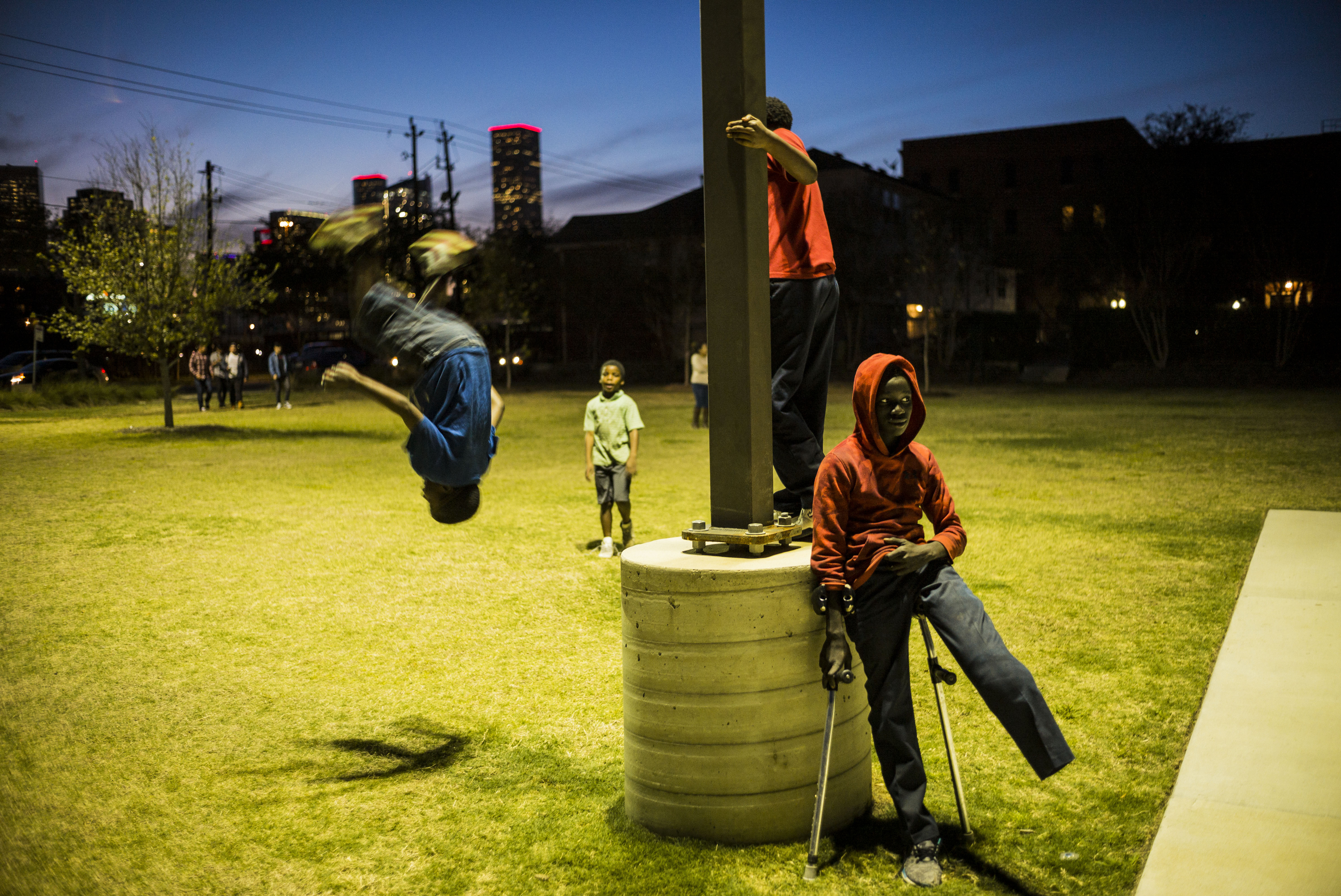 Guadalupe Plaza: The child in the foreground lost his foot in a train accident in Houston, Texas.