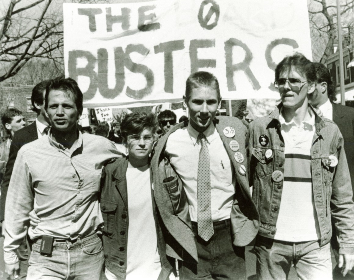 Four student leaders of the Deaf President Now protest—Tim Raurus, Bridgetta Bourne-Firl, Greg Hlibok, and Jerry Covell—leading protesters at Gallaudet University in March of 1988.