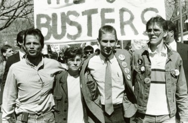 Four student leaders of the Deaf President Now protest—Tim Raurus, Bridgetta Bourne-Firl, Greg Hlibok, and Jerry Covell—leading protesters at Gallaudet University in March of 1988.