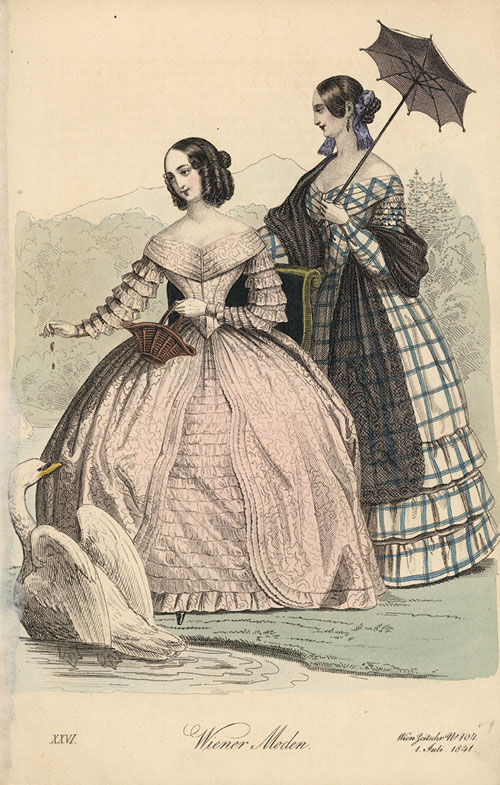 A domestic scene of an early Victorian off-the-shoulder look.