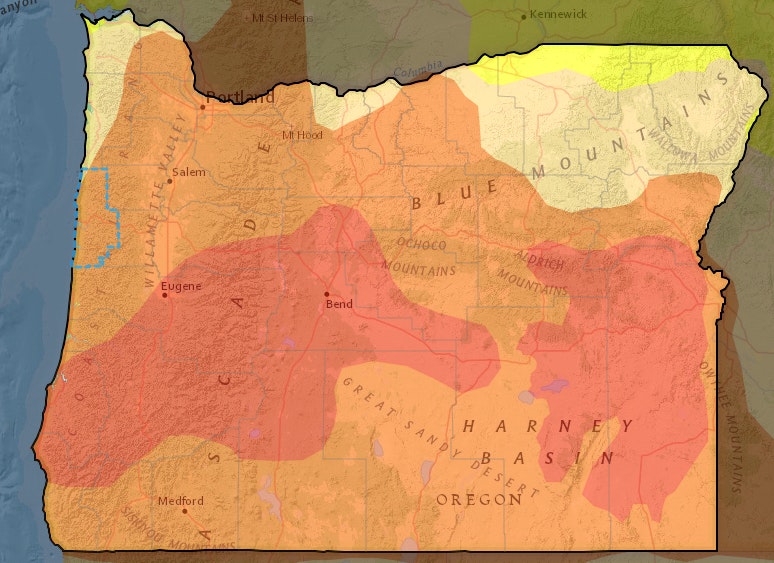 About 86 percent of Oregon is considered to be in severe drought as of October 22nd, as indicated by the orange color. About 33 percent is experiencing severe drought, shown in red. Drought in some form affects 99 percent of the state's population.