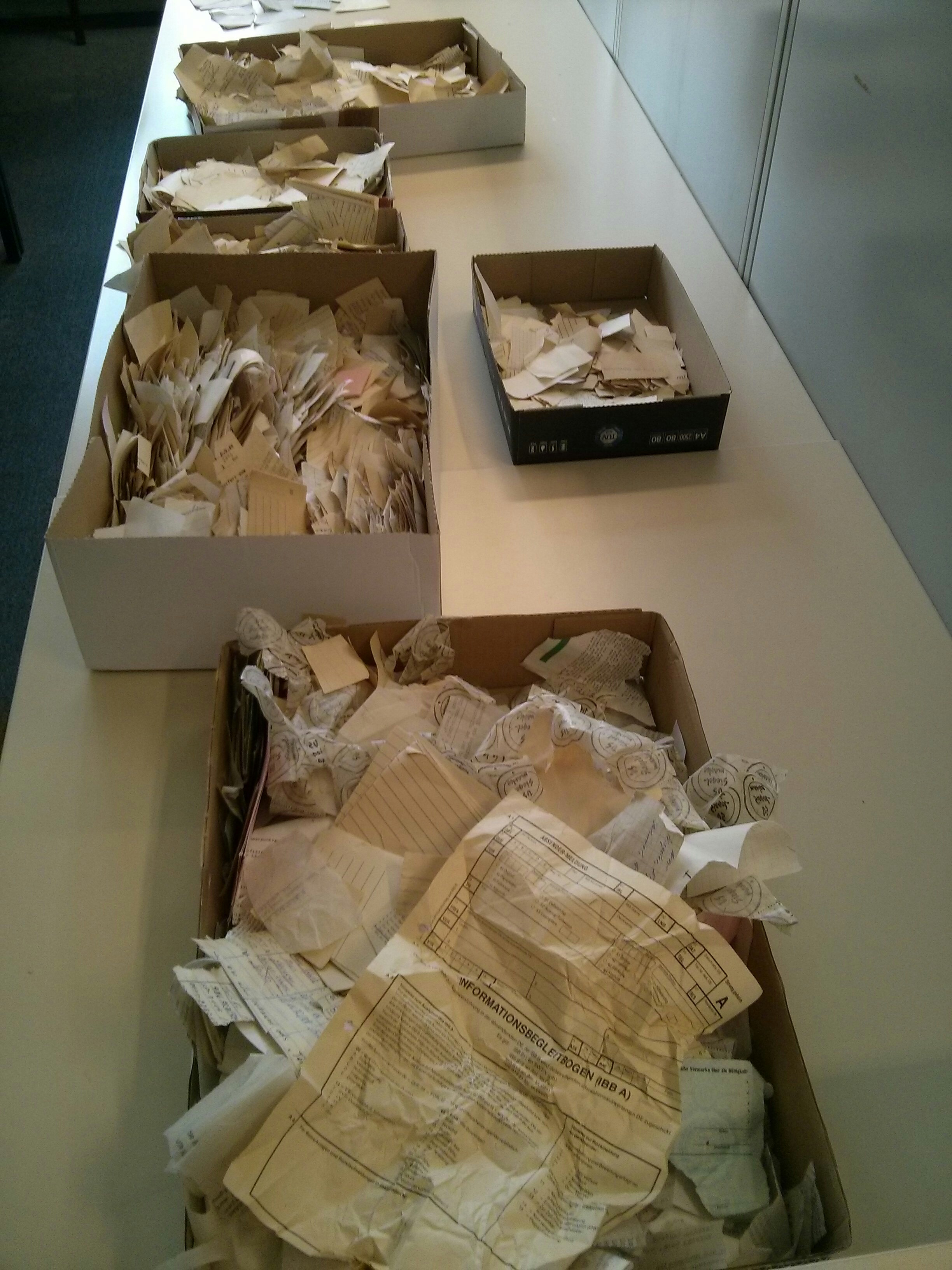 Pieces of Stasi documents before they are reconstructed.