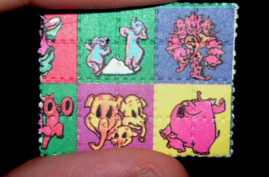 Pink elephant blotters containing LSD.
