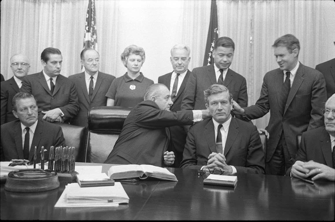 President Lyndon B. Johnson with some members of the National Advisory Commission on Civil Disorders, also known as the Kerner Commission, in the Cabinet Room of the White House on July 29th, 1967.