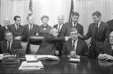 President Lyndon B. Johnson with some members of the National Advisory Commission on Civil Disorders, also known as the Kerner Commission, in the Cabinet Room of the White House on July 29th, 1967.