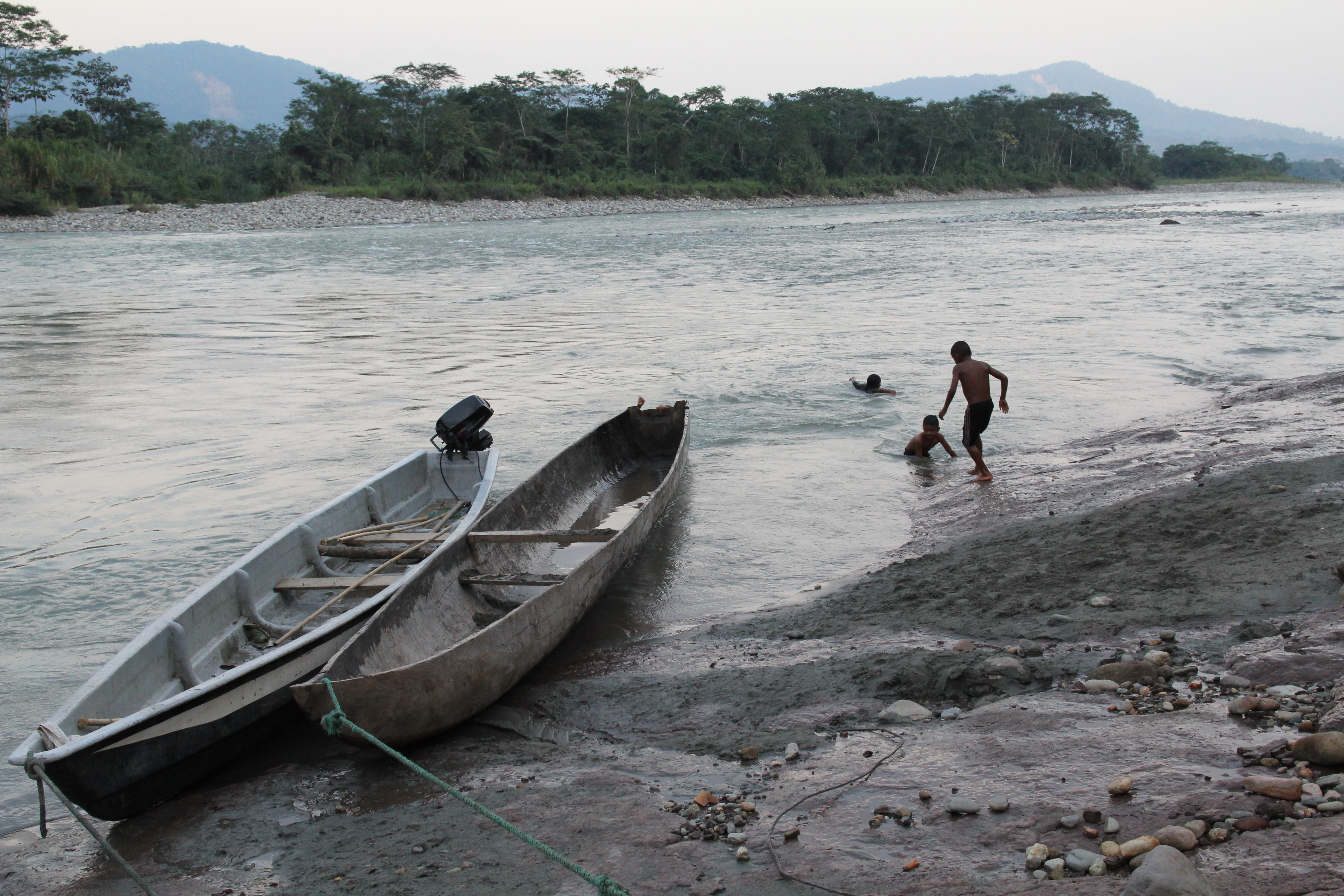 Kids play in the Aguarico river just outside of the community of Sinangoe, Ecuador, downstream from where the Cofan guardia found gold miners operating on the shores of the river.