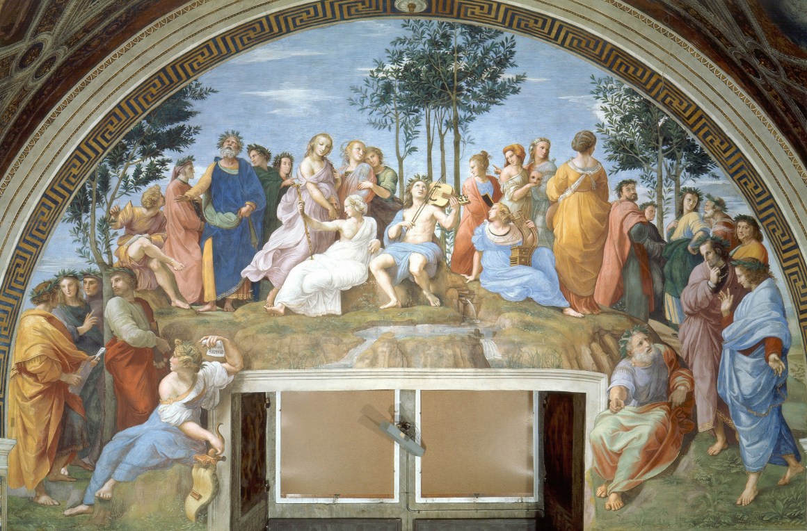 Raphael's Parnassus depicts famous poets reciting alongside the nine Muses atop Mount Parnassus.
