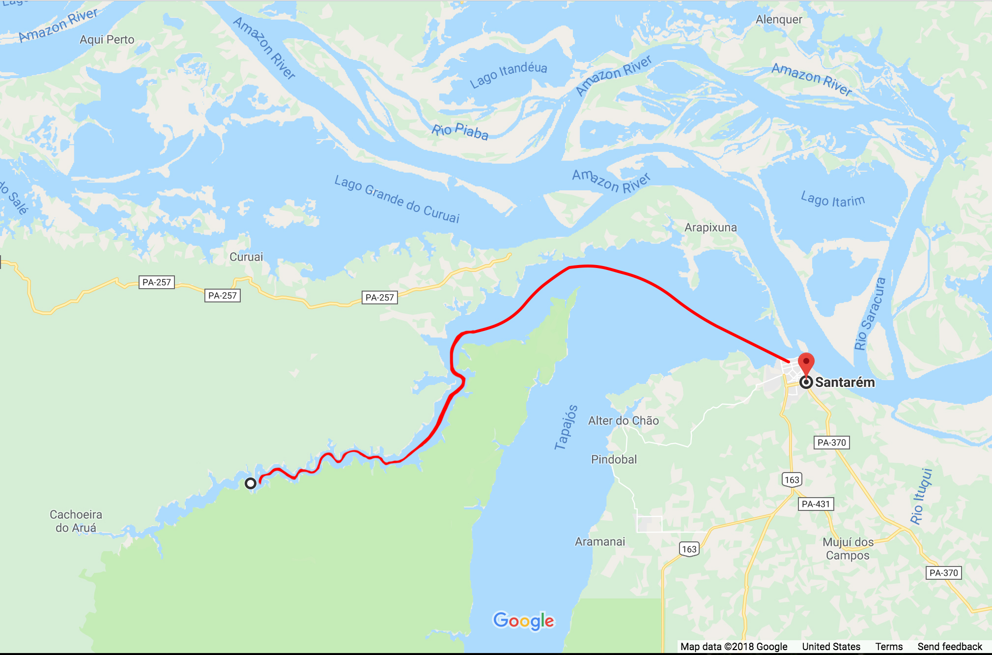 The Michael's route from Santarem to São Pedro and back.