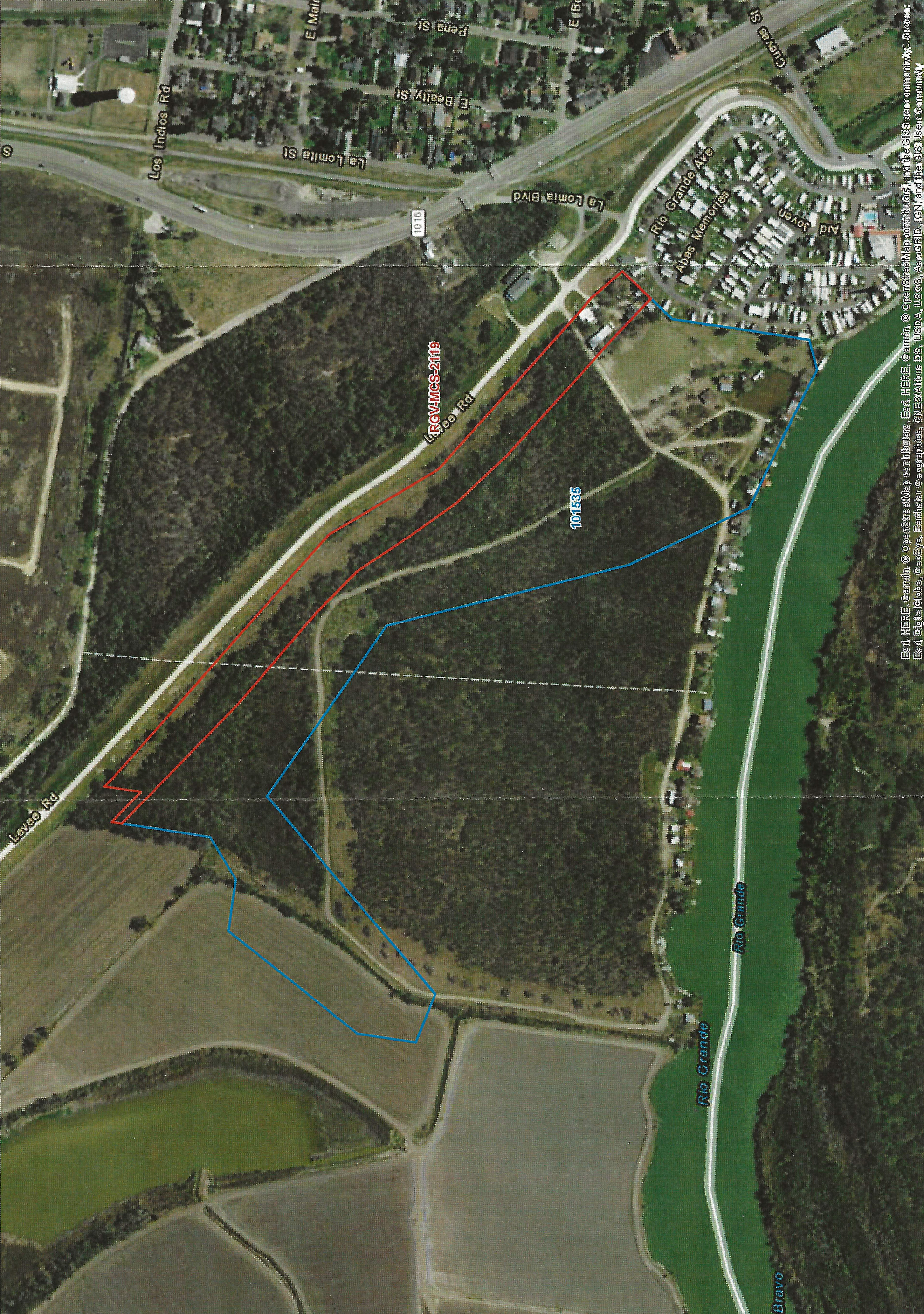 The map Fred Cavazos received from CBP depicting their proposal to build through his riverside property. The wall's projected construction zone (shown in red) runs along an existing levee and through the north end of Cavazos' property. The blue line beneath it represents the area CBP has requested for surveying. If granted access to the property, CBP can clear any natural impediments (such as trees and bushes) it deems necessary for surveying purposes.