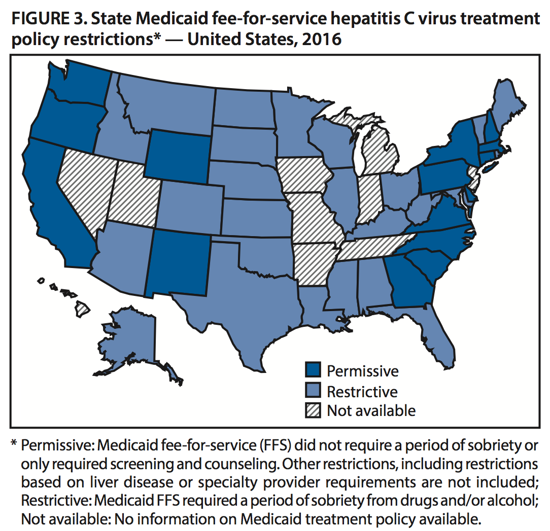 A map of states that will cover hepatitis C treatment through Medicaid for active drug users.