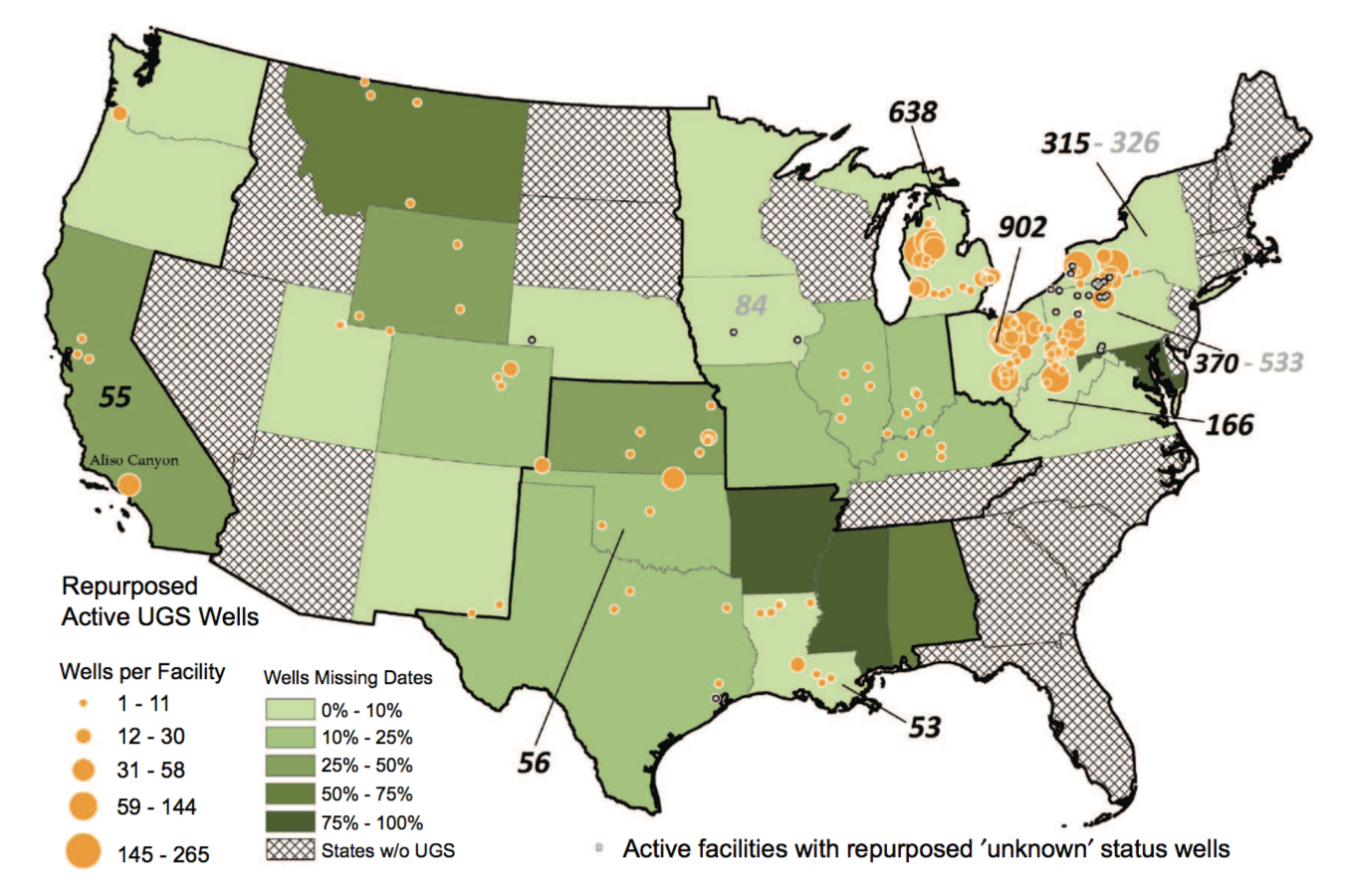 Map showing the locations of underground wells used to store natural gas that weren’t originally designed for that purpose.