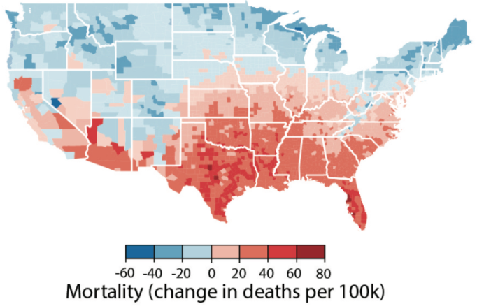 Map showing expected deaths from extreme temperatures in the United States in the years 2080 through 2099.