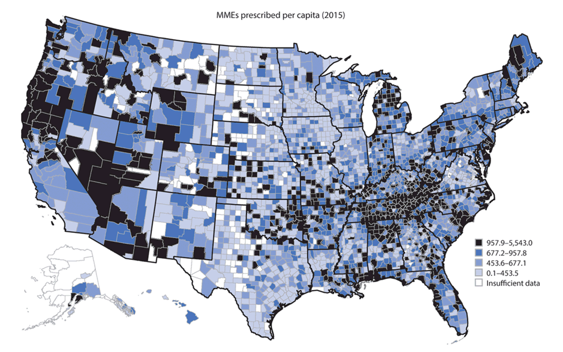 Doses of opioids prescribed per capita in different U.S. counties in 2015. MMEs are a measure of opioid dosage that takes into account varying strengths of prescription pills.