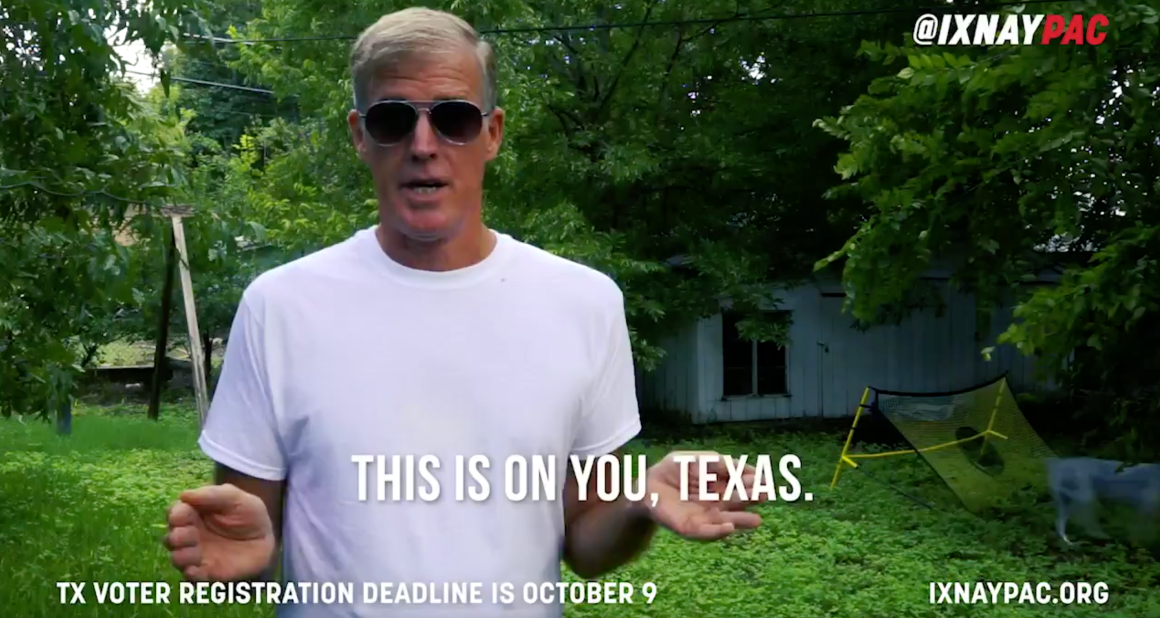 Trace Crutchfield speaks onscreen in an IXNAY advertisement.