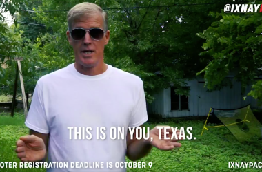 Trace Crutchfield speaks onscreen in an IXNAY advertisement.