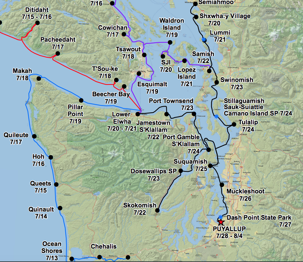 A map showing various tribal canoe journeys to Puyallup.