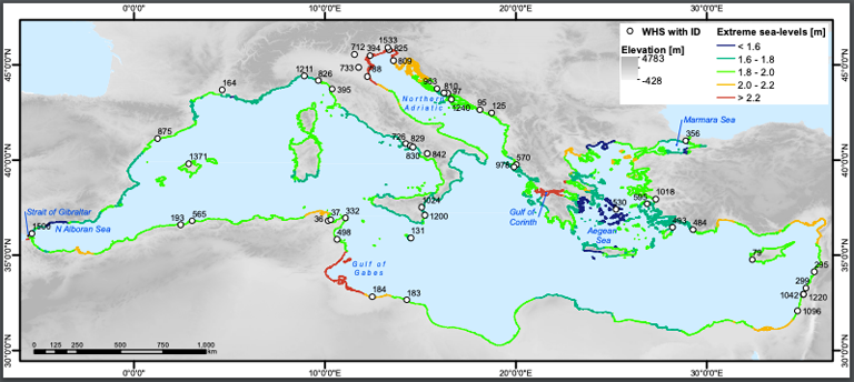 The UNESCO World Heritage Sites investigated in the study with their official identification number, as well as the current 100-year storm surge per section of coast under the highest sea-level rise scenario in the year 2100.