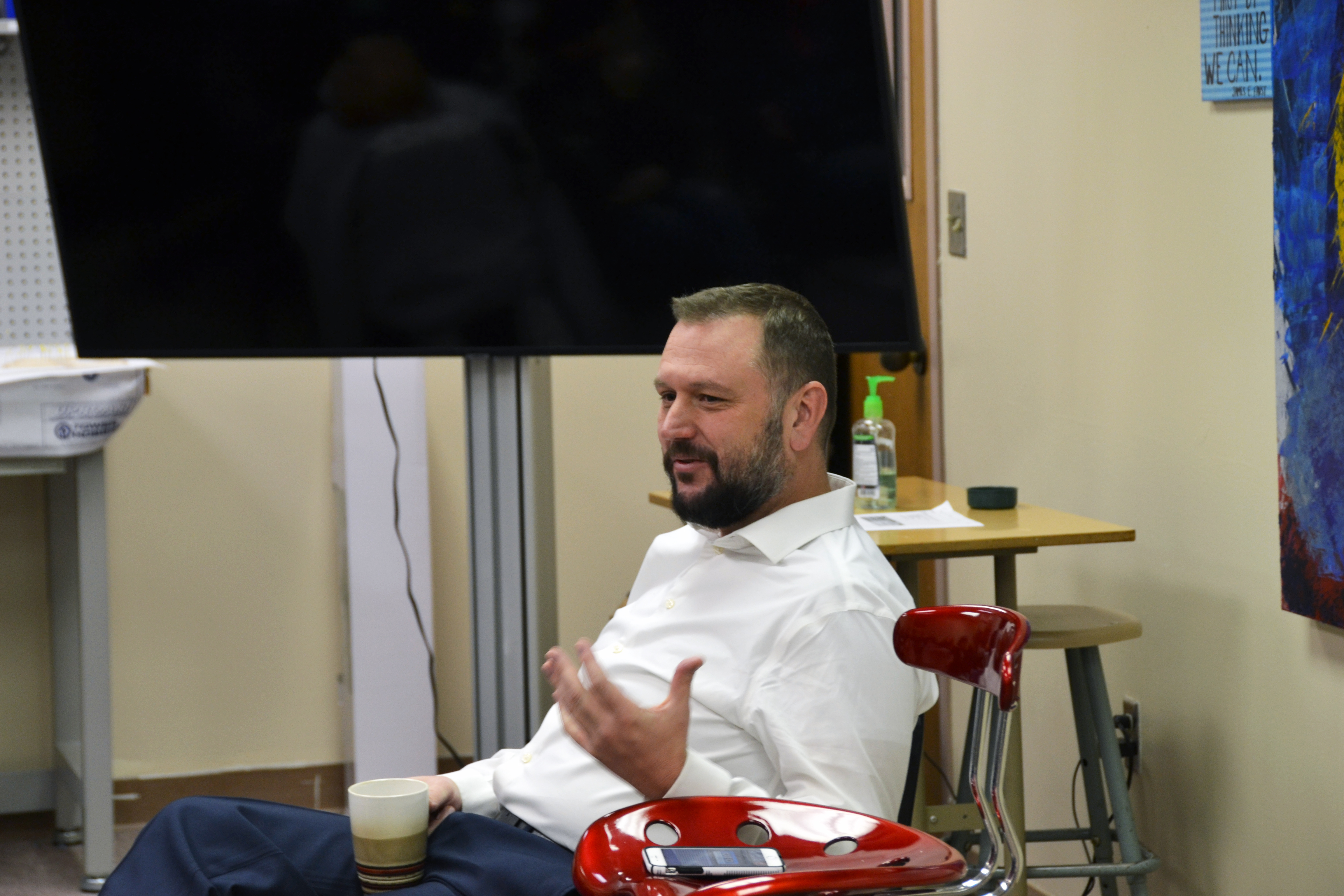 Businessman Paul Campbell speaks before students at the Academy of Seminole, a charter school he founded in rural Oklahoma. Campbell said the 