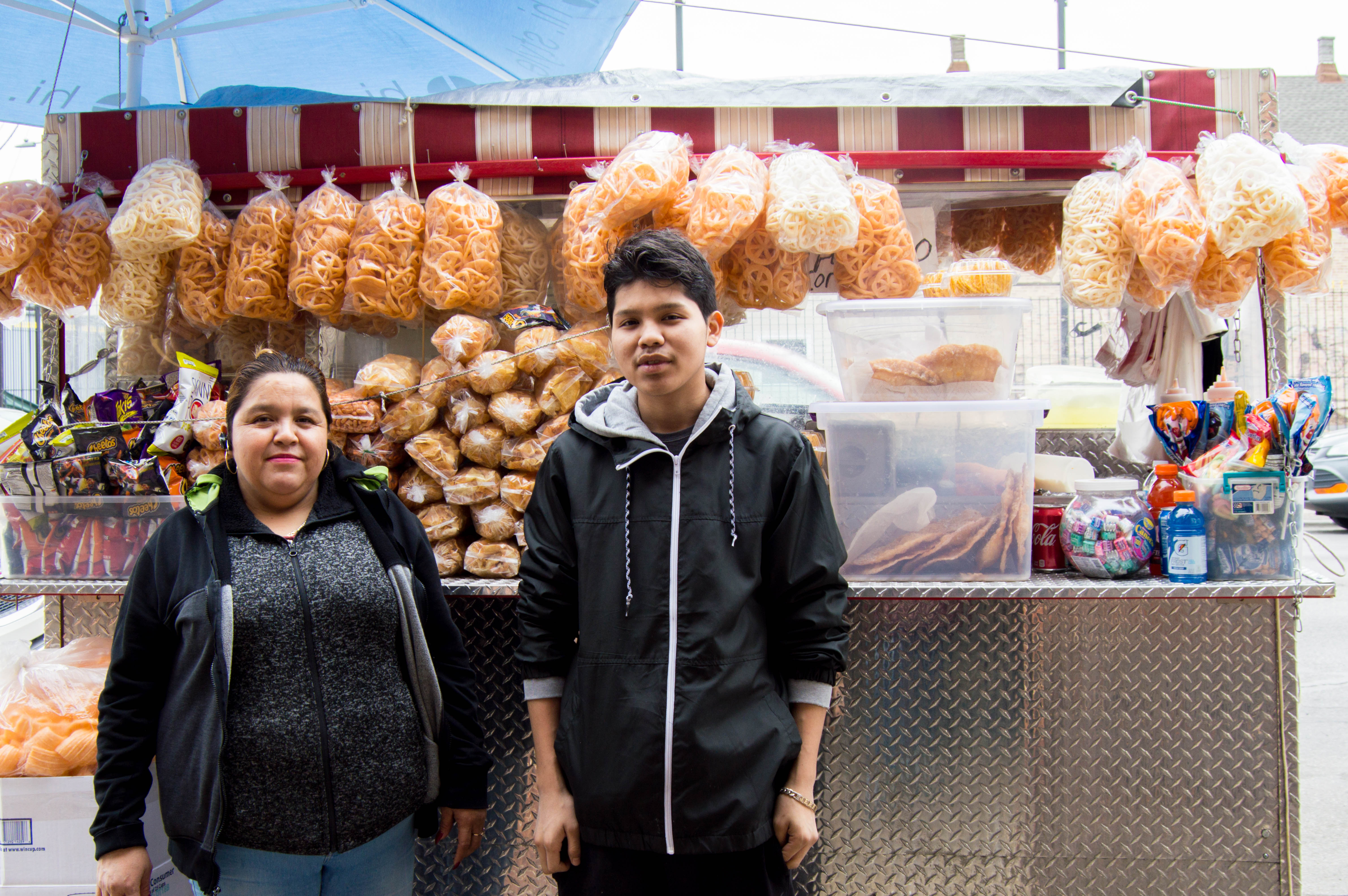 Sonia Ruiz and Jerry Rodriguez run a food cart on 26th Street in Little Village, Chicago.