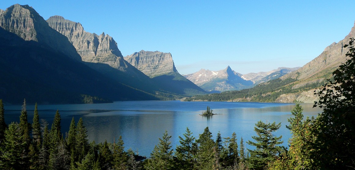 The upper end of St. Mary Lake and Wild Goose Island in Montana's Glacier National Park.