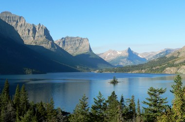 The upper end of St. Mary Lake and Wild Goose Island in Montana's Glacier National Park.