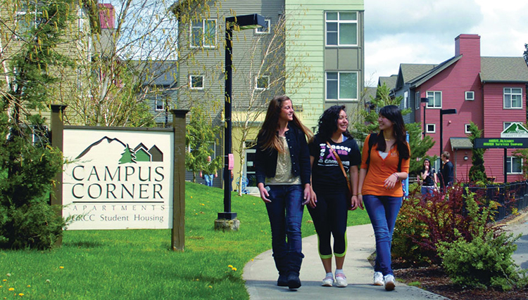 Students walk on campus at Green River College in Auburn, Washington.