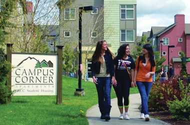 Students walk on campus at Green River College in Auburn, Washington.