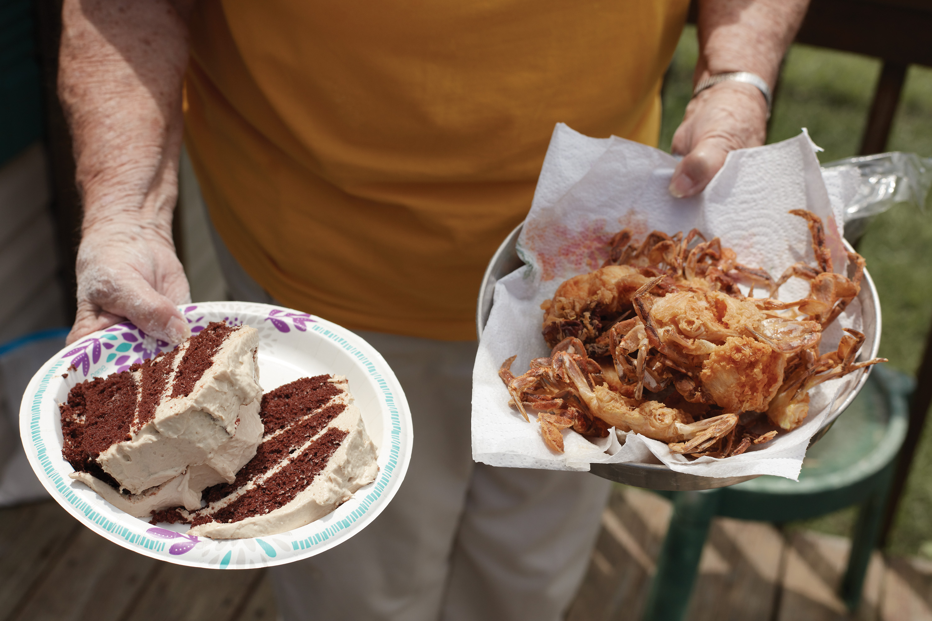 Homemade chocolate pound cake and soft-shell crabs are local staples on Tangier Island.