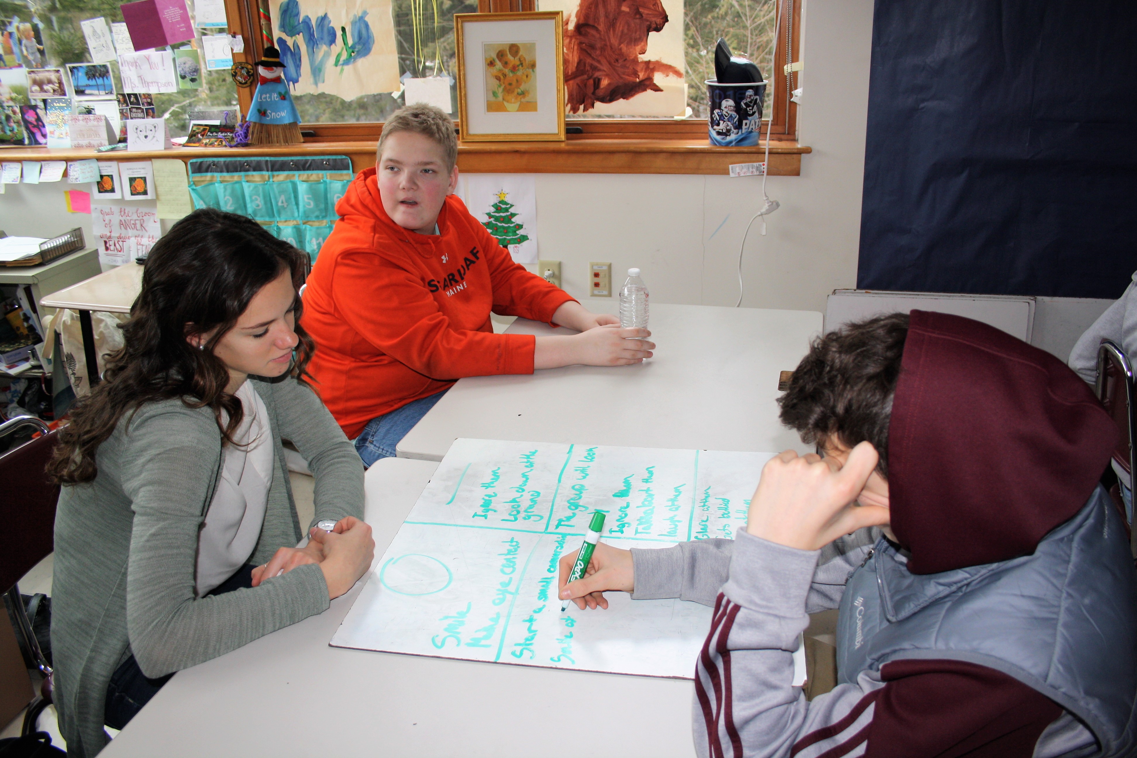 Noble High School students in North Berwick, Maine, consider how they would react to a person toward whom they have negative feelings as part of an I-Time exercise